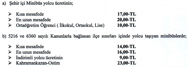 Ankara Minibüs Ulaşım Tarifesi Biniş Ücretleri Temmuz 2023