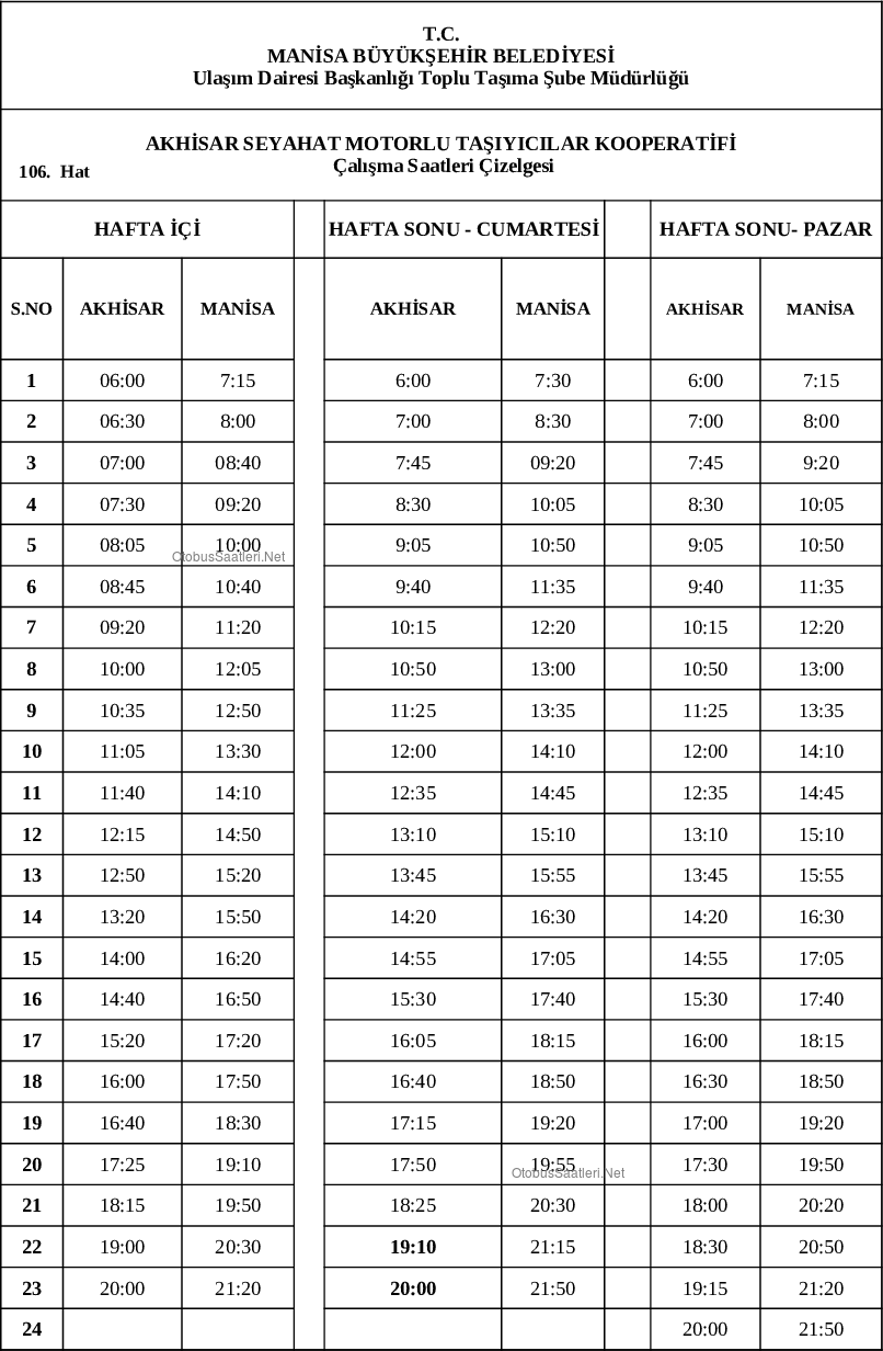 106 Manisa Otobüs Saatleri