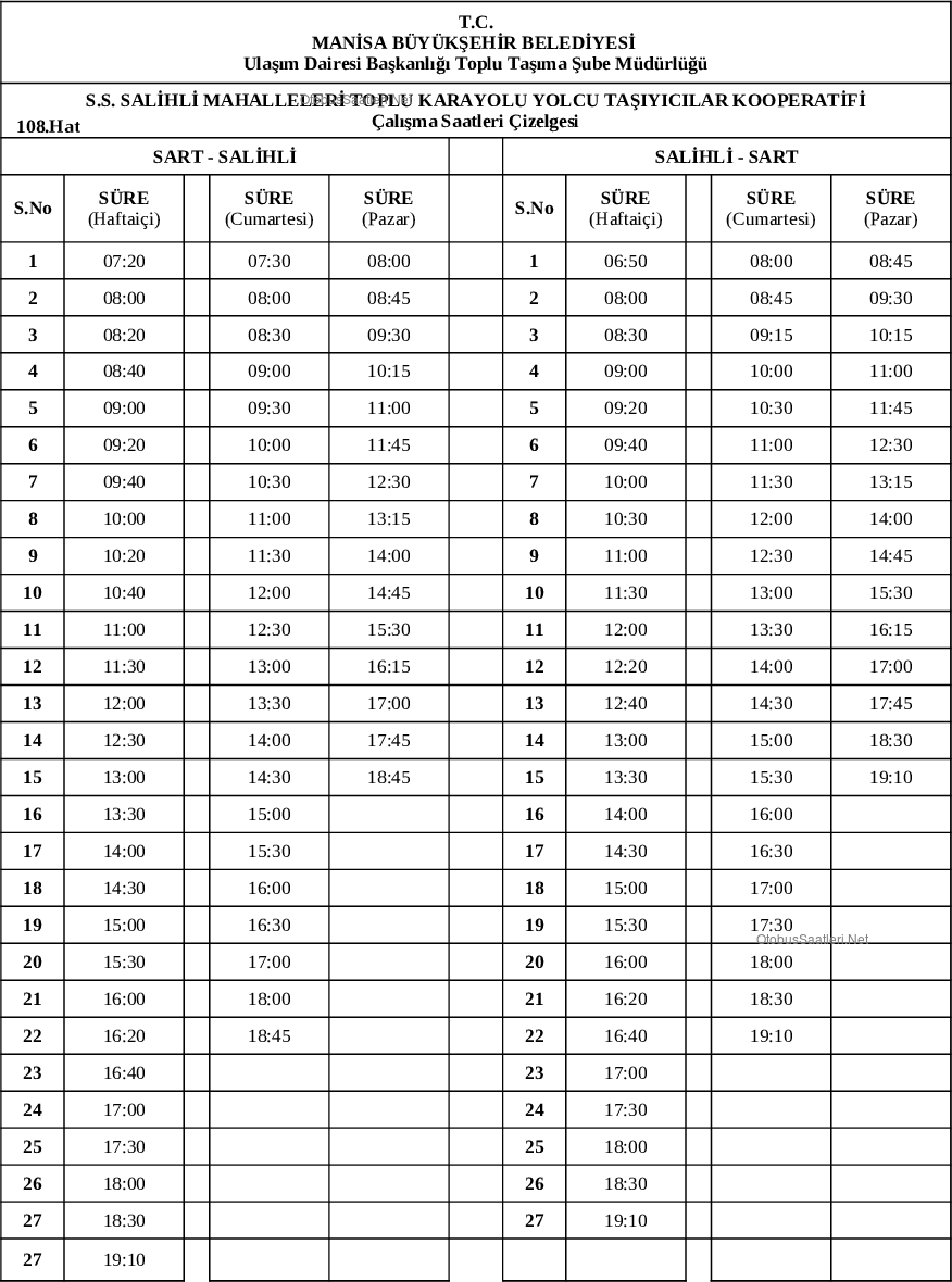 108 Manisa Otobüs Saatleri