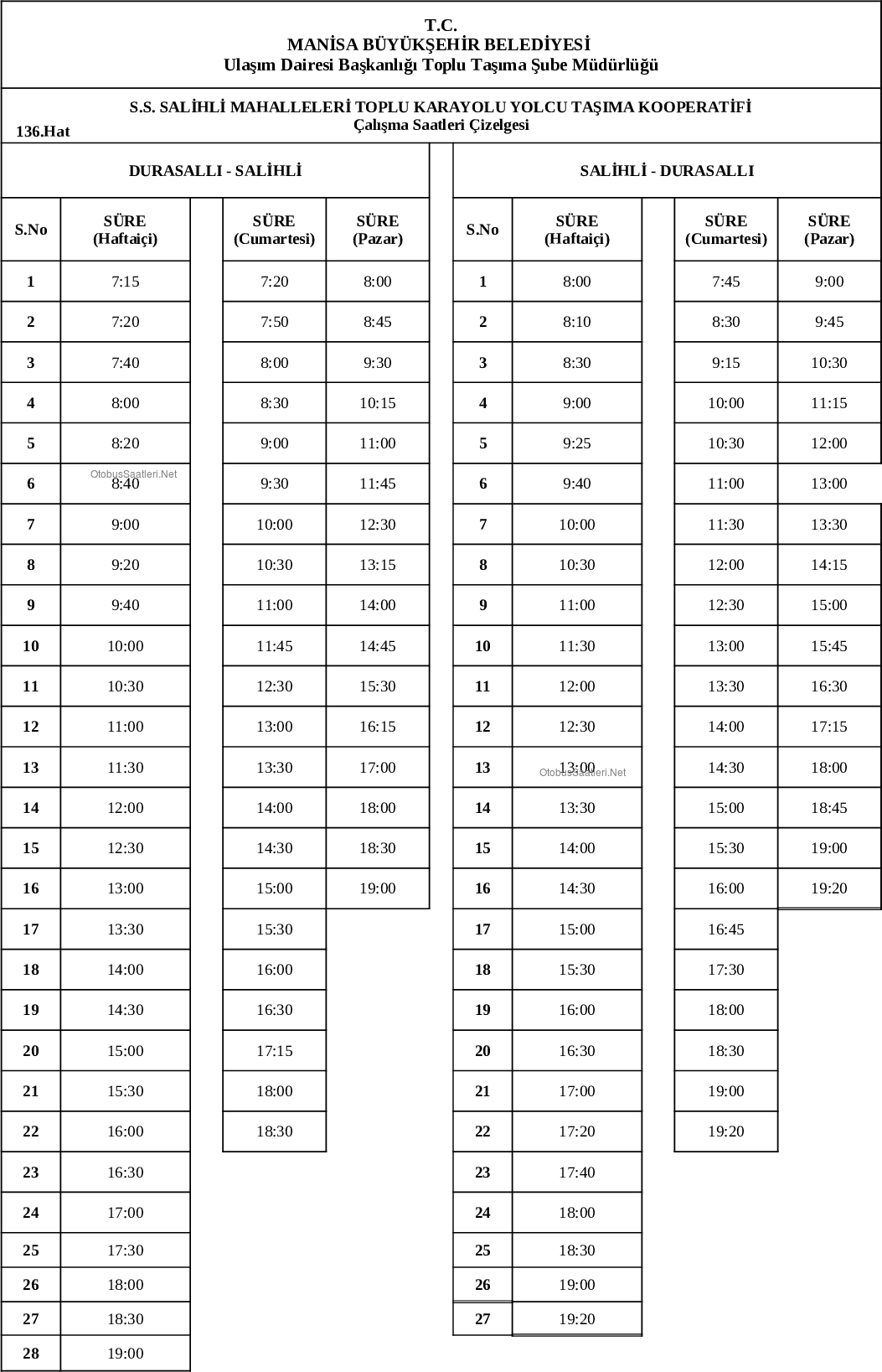 136 Manisa Otobüs Saatleri