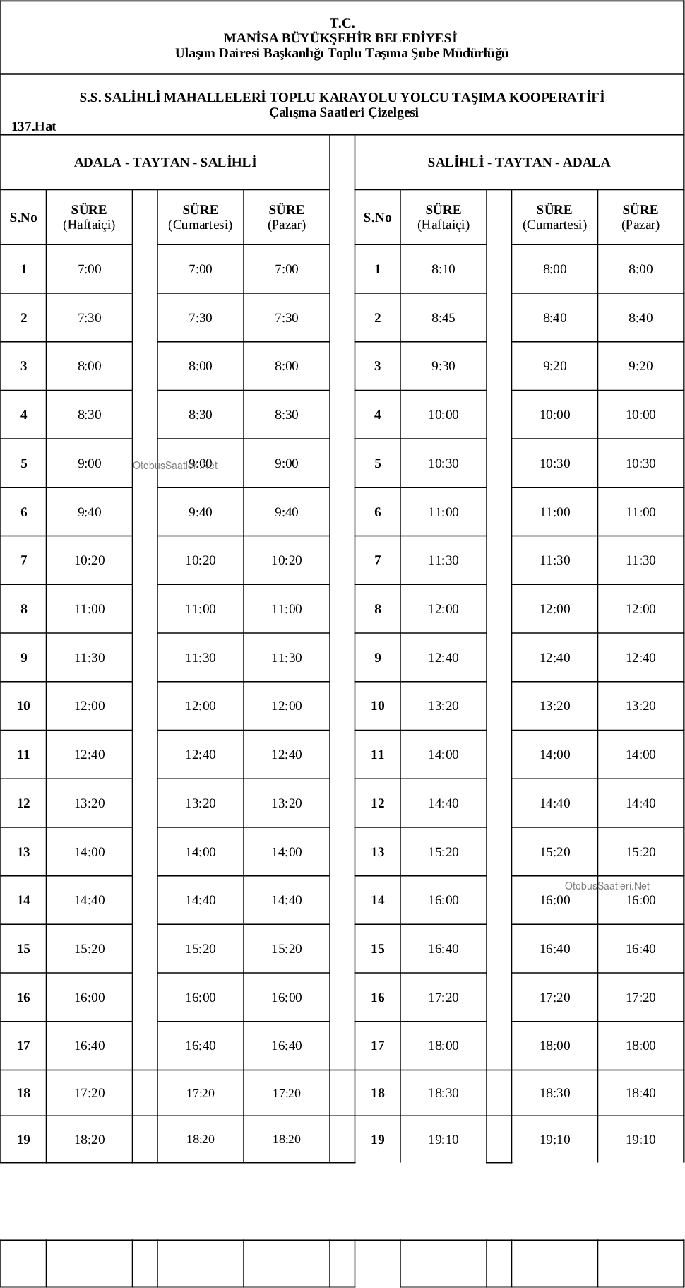 137 Manisa Otobüs Saatleri