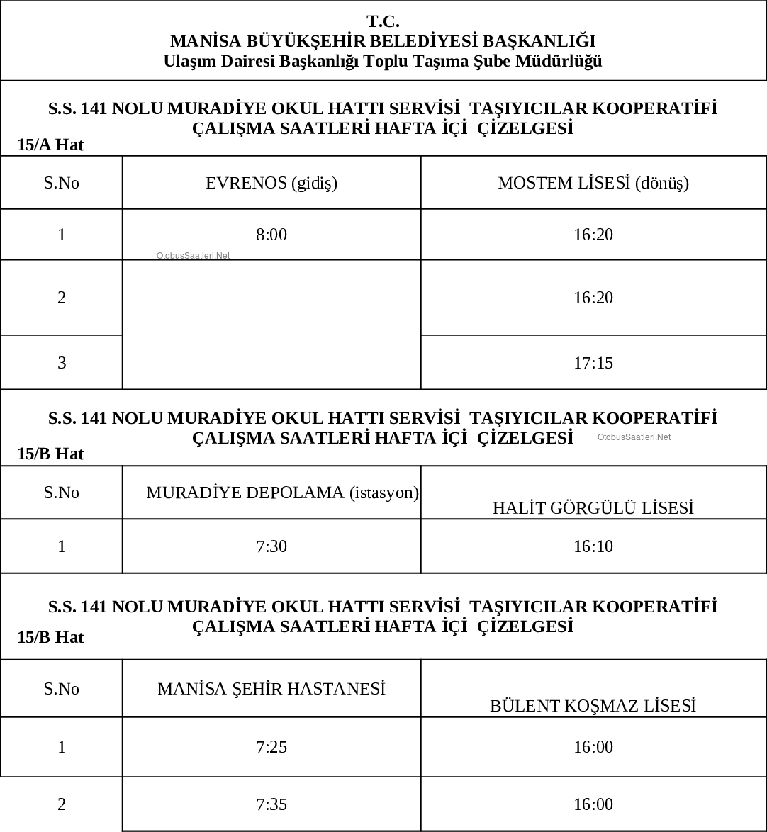 15A Manisa Otobüs Saatleri