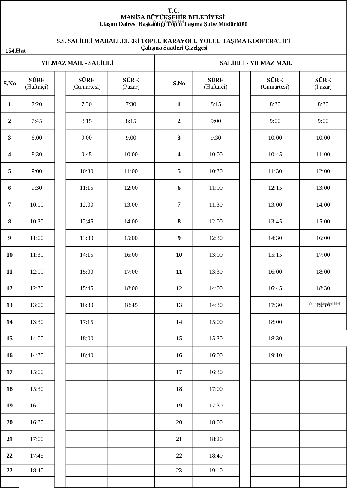 154 Manisa Otobüs Saatleri