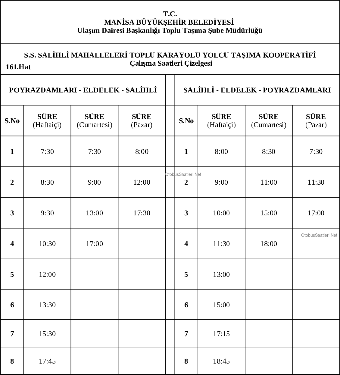161 Manisa Otobüs Saatleri