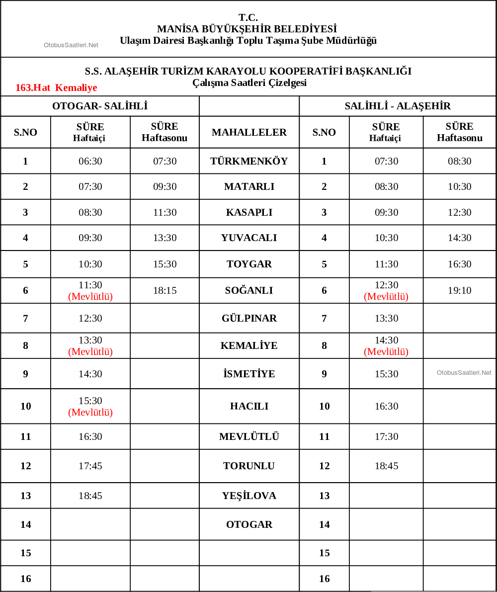 163 Manisa Otobüs Saatleri
