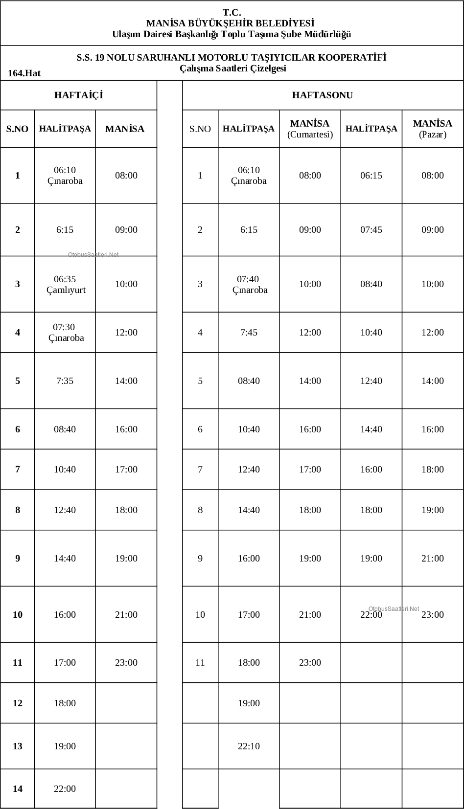 164 Manisa Otobüs Saatleri