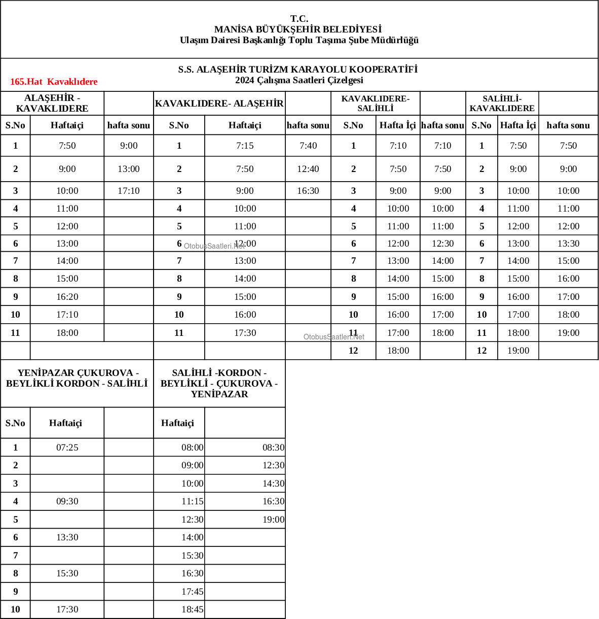 165 Manisa Otobüs Saatleri