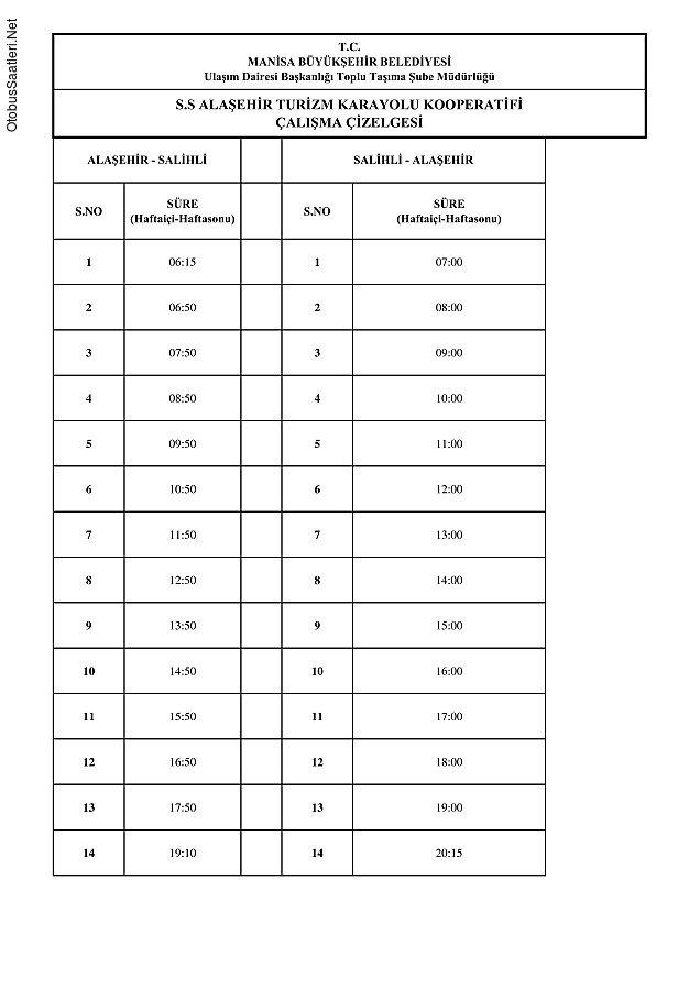 176 Manisa Otobüs Saatleri