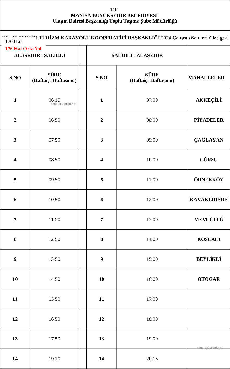 176 Manisa Otobüs Saatleri