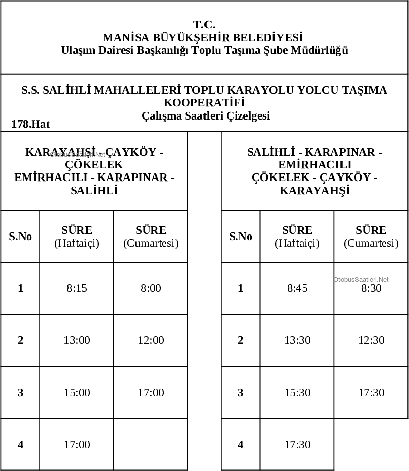 178 Manisa Otobüs Saatleri