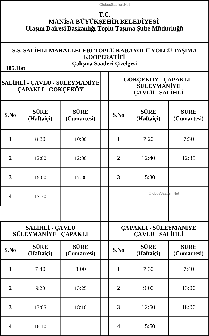 185 Manisa Otobüs Saatleri