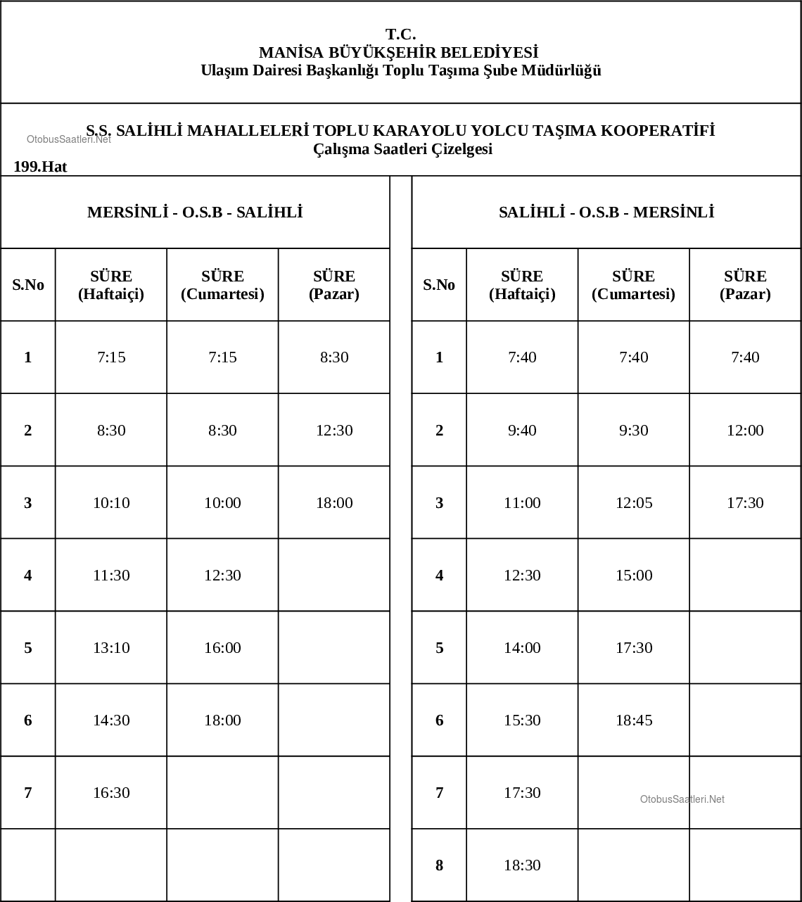 199 Manisa Otobüs Saatleri