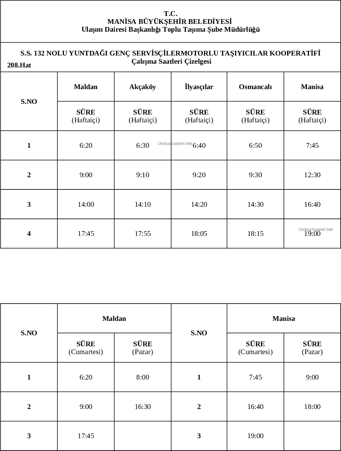 208 Manisa Otobüs Saatleri