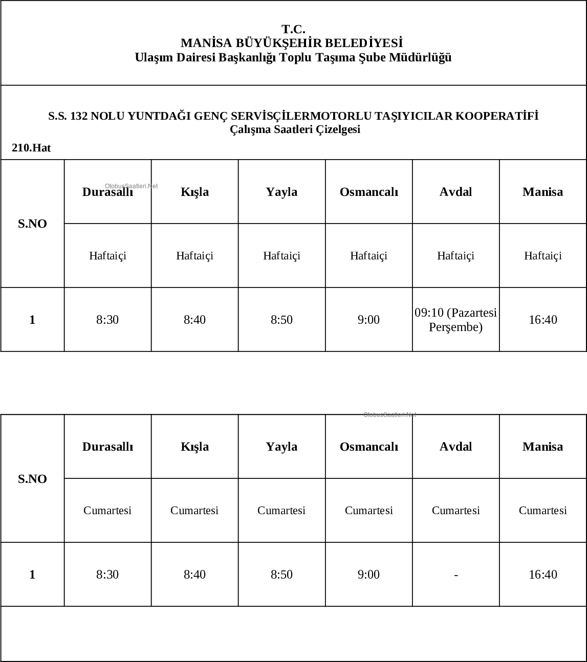 210 Manisa Otobüs Saatleri