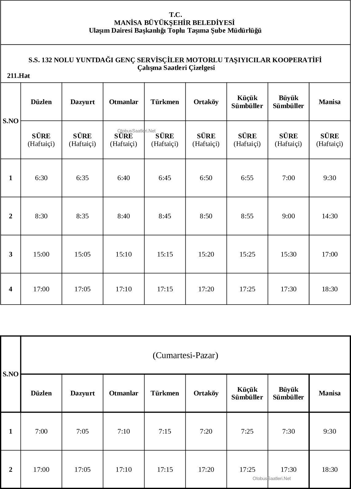 211 Manisa Otobüs Saatleri