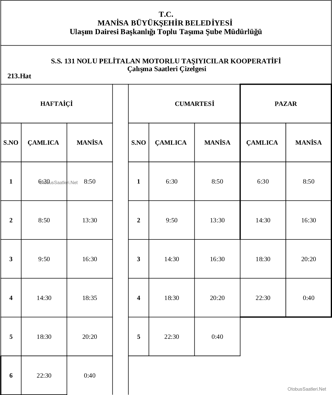 213 Manisa Otobüs Saatleri