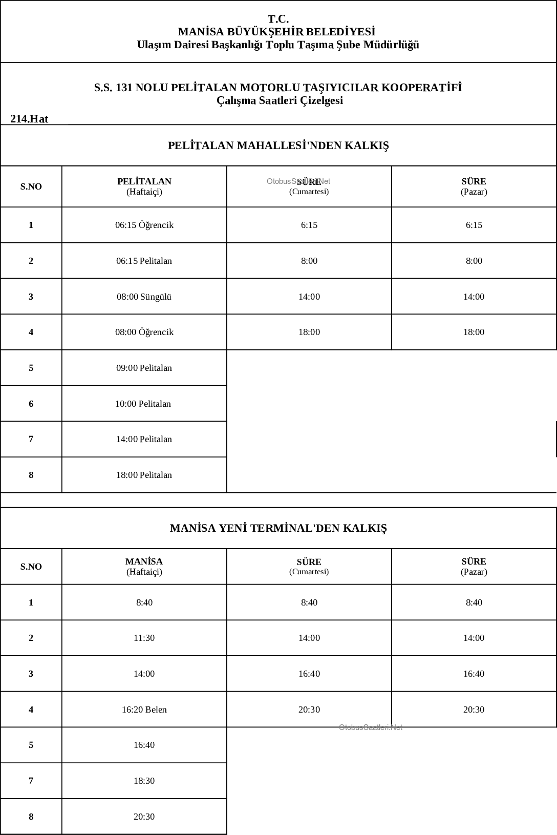 214 Manisa Otobüs Saatleri