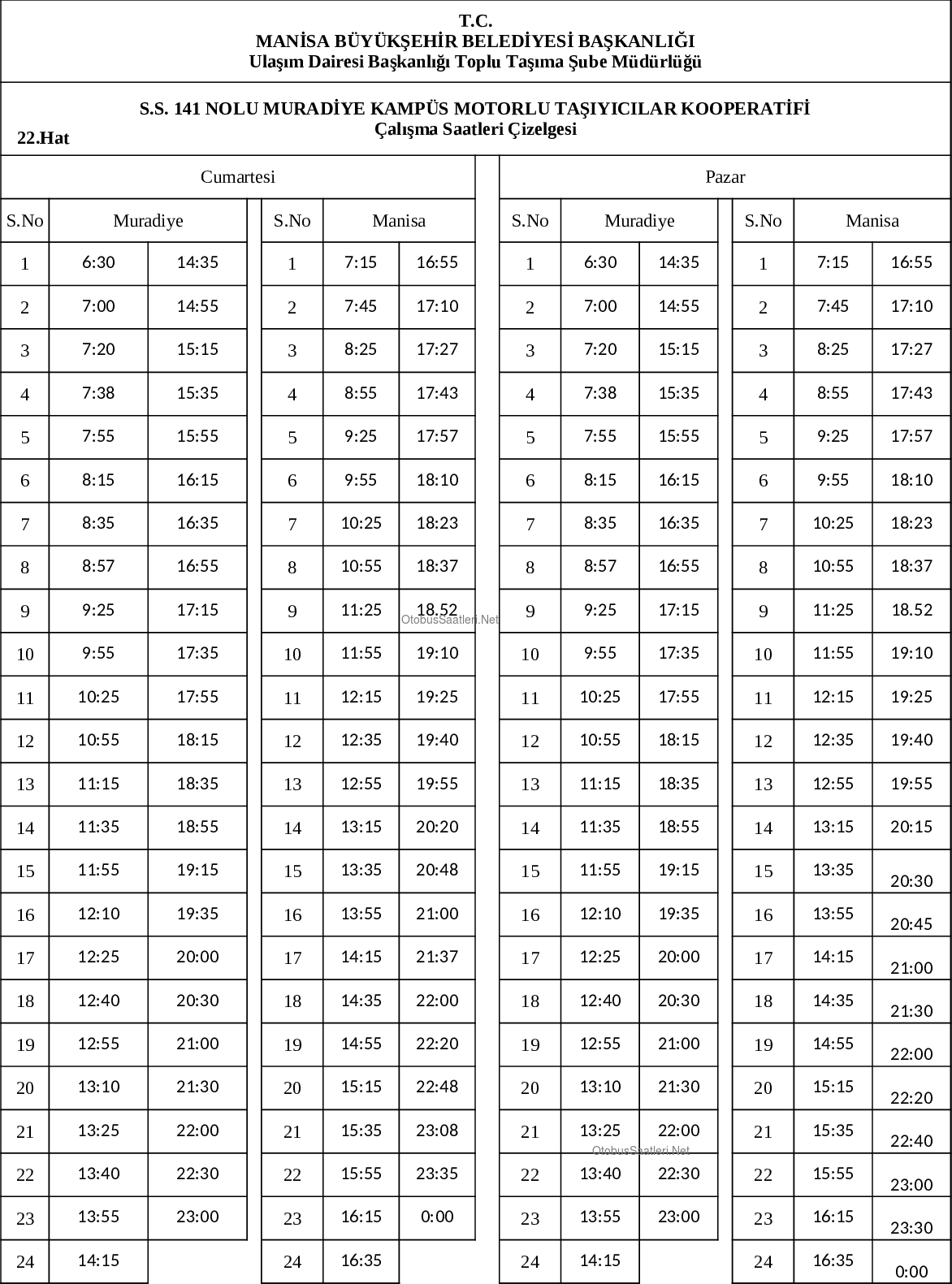 22 Manisa Otobüs Saatleri