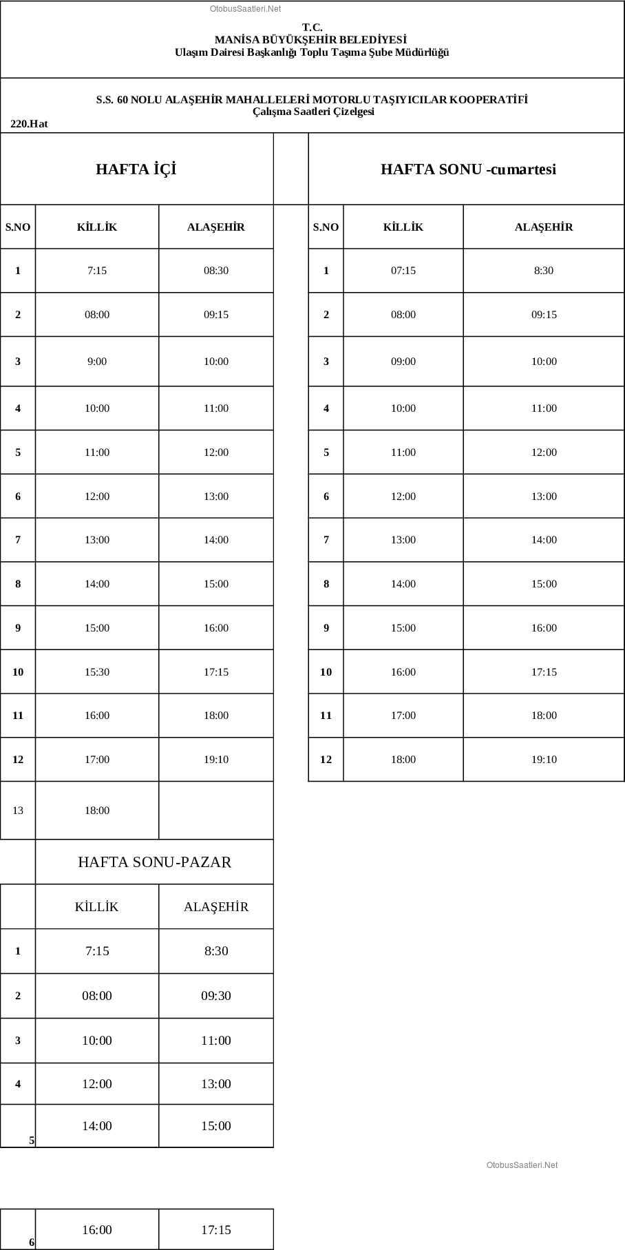 220 Manisa Otobüs Saatleri