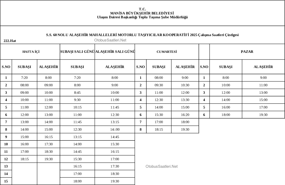 222 Manisa Otobüs Saatleri