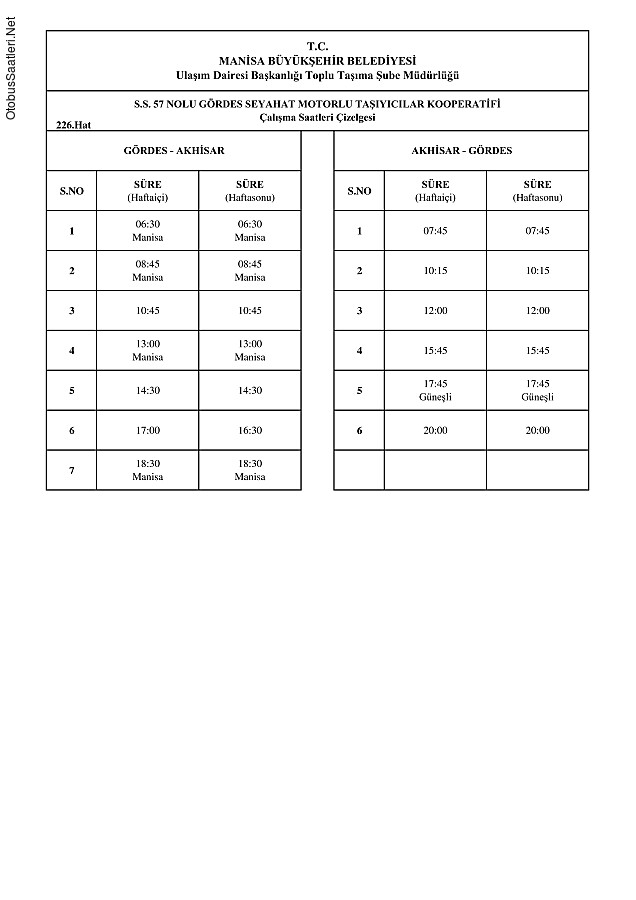 226 Manisa Otobüs Saatleri