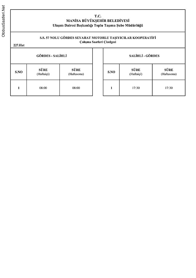 227 Manisa Otobüs Saatleri
