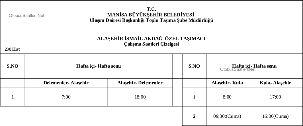 238 Manisa Otobüs Saatleri