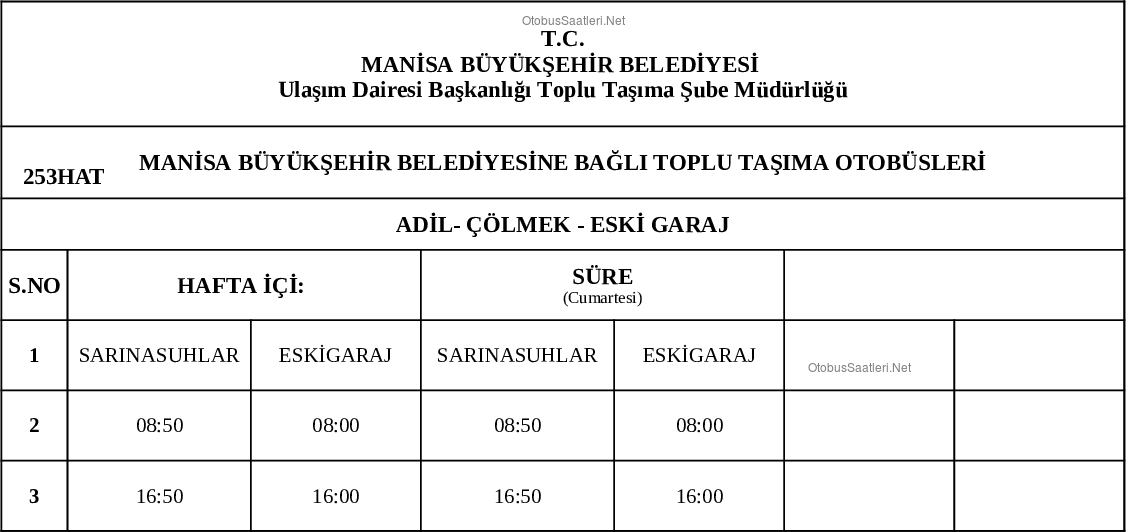 253 Manisa Otobüs Saatleri