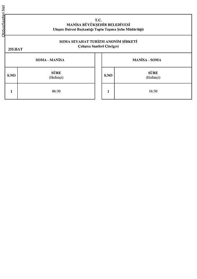 255 Manisa Otobüs Saatleri