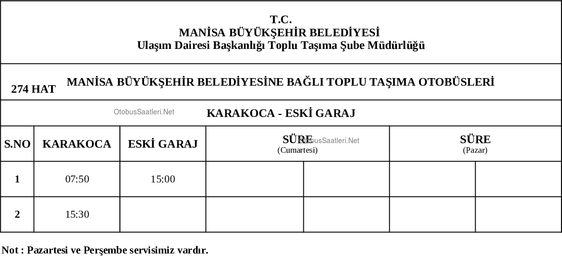 274 Manisa Otobüs Saatleri