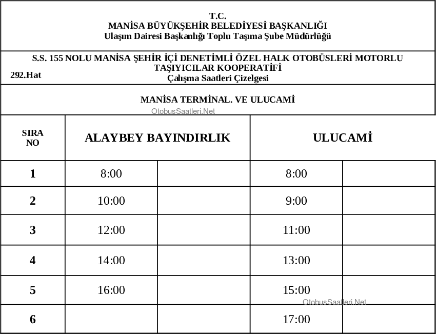 292 Manisa Otobüs Saatleri