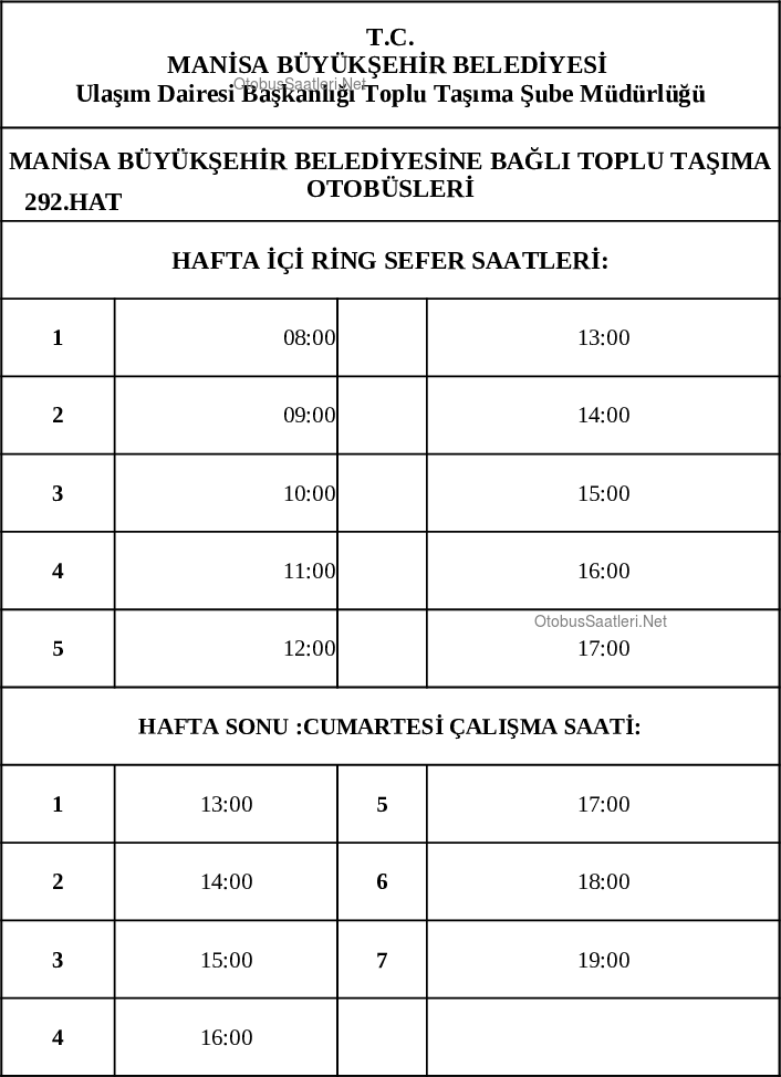 292 Manisa Otobüs Saatleri