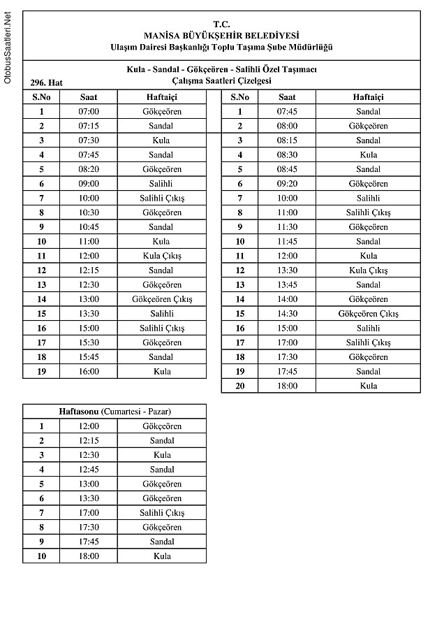 296 Manisa Otobüs Saatleri