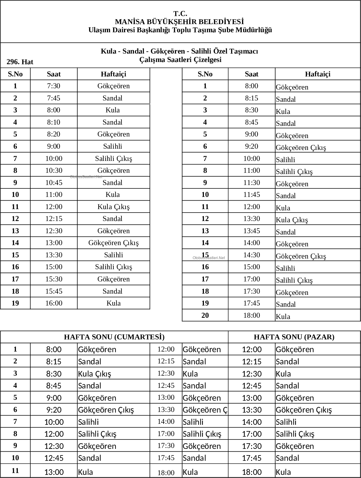 296 Manisa Otobüs Saatleri