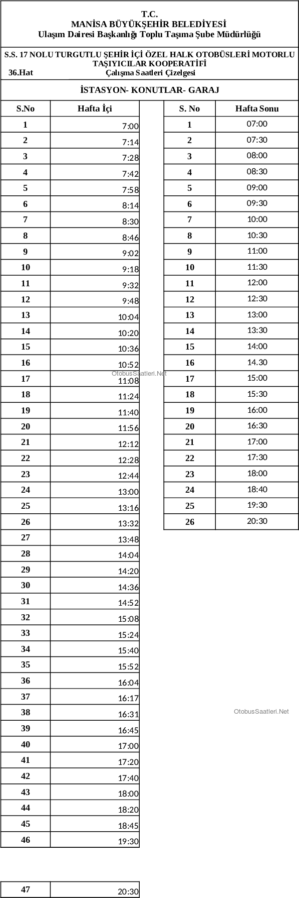 36 Manisa Otobüs Saatleri