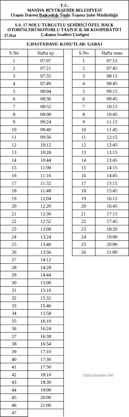37 Manisa Otobüs Saatleri