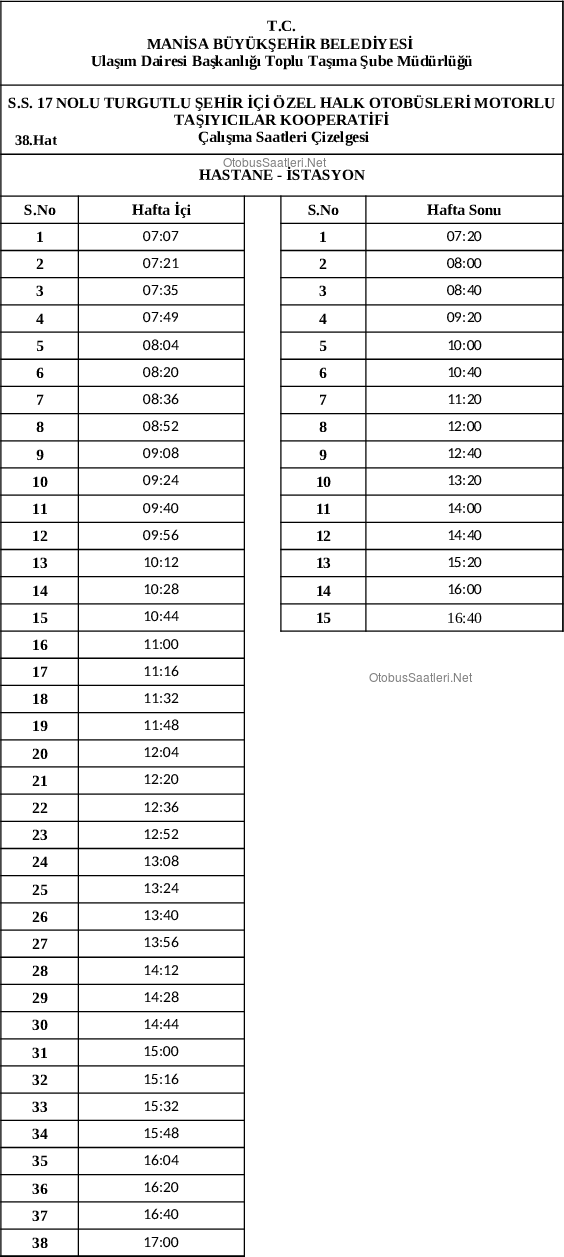 38 Manisa Otobüs Saatleri