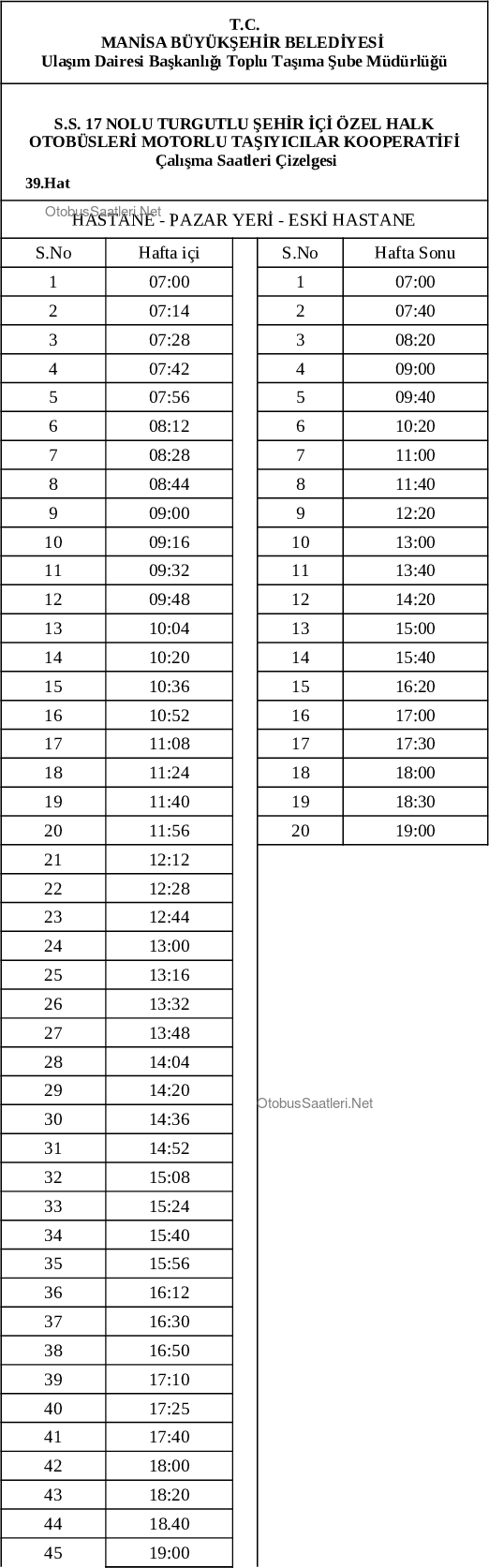 39 Manisa Otobüs Saatleri