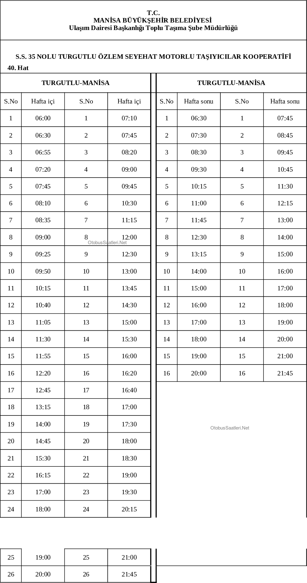 40 Manisa Otobüs Saatleri