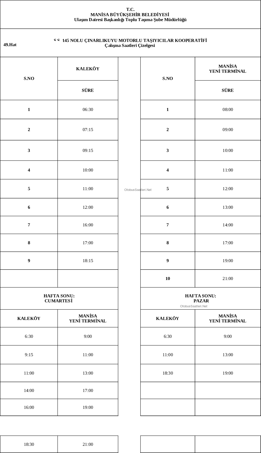 49 Manisa Otobüs Saatleri