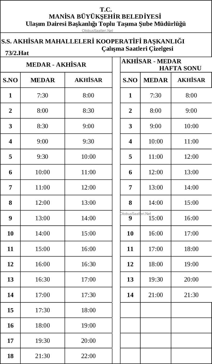 73/2 Manisa Otobüs Saatleri