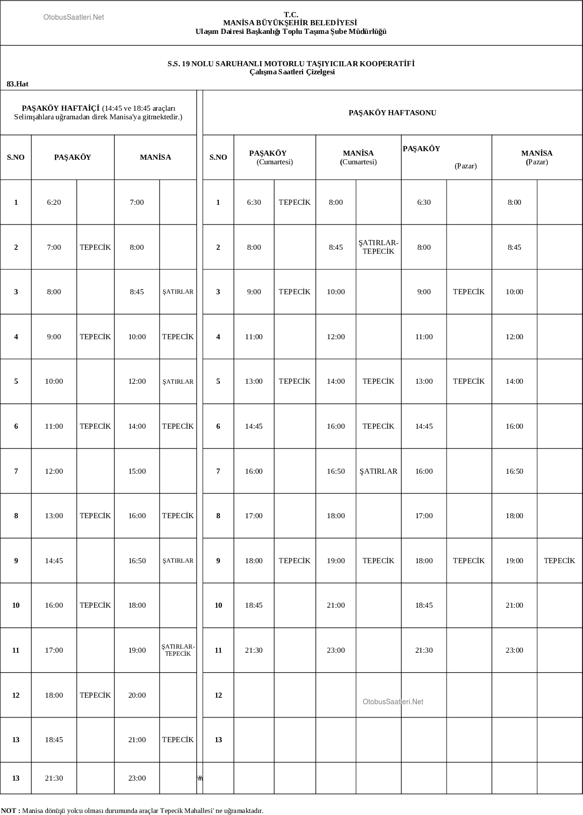 83 Manisa Otobüs Saatleri