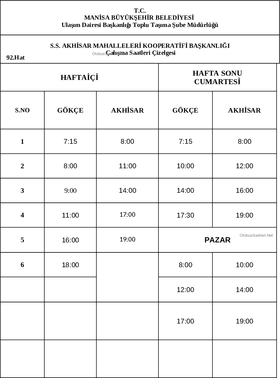 92 Manisa Otobüs Saatleri
