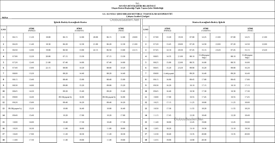 94 Manisa Otobüs Saatleri