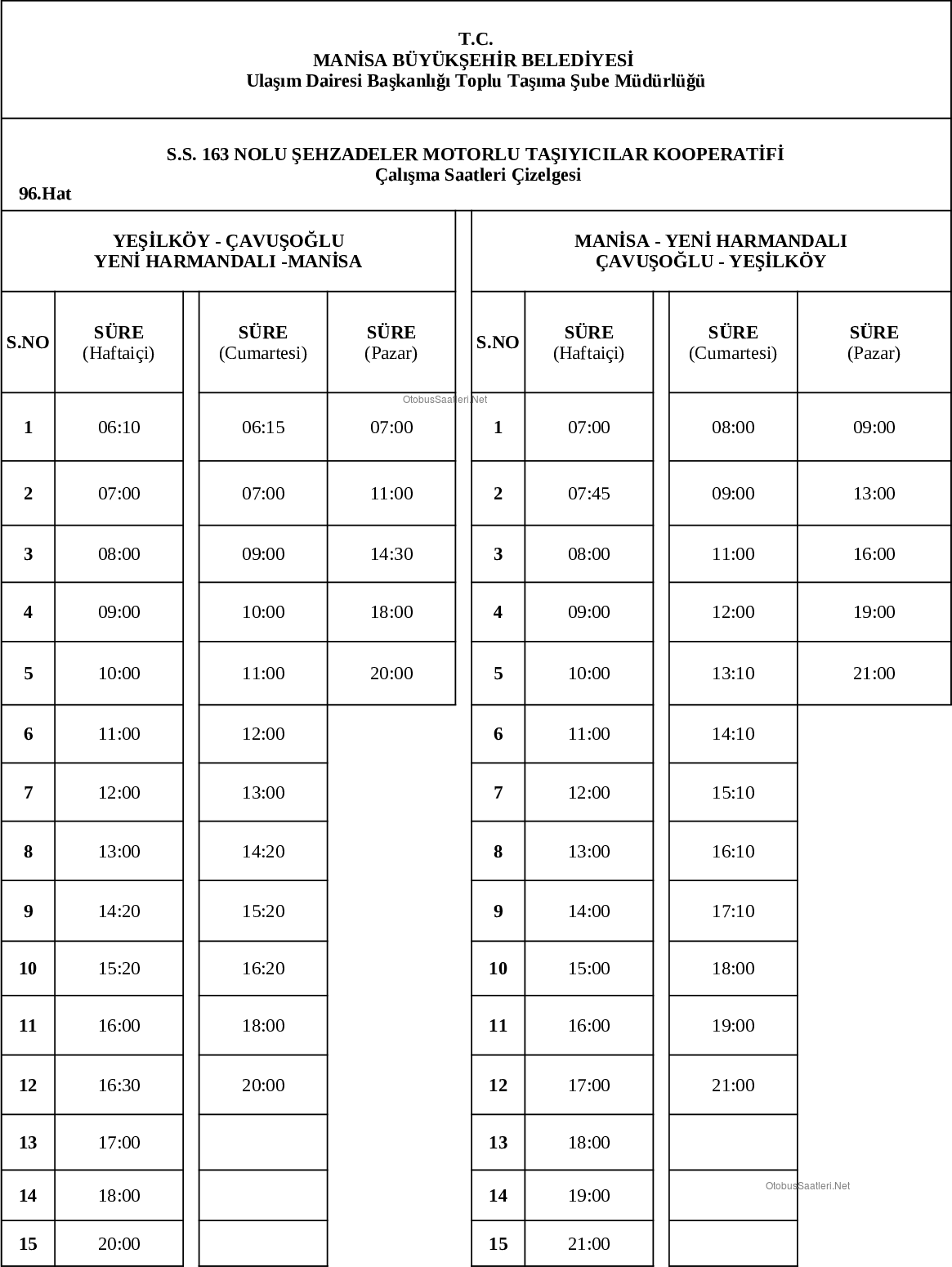 96 Manisa Otobüs Saatleri