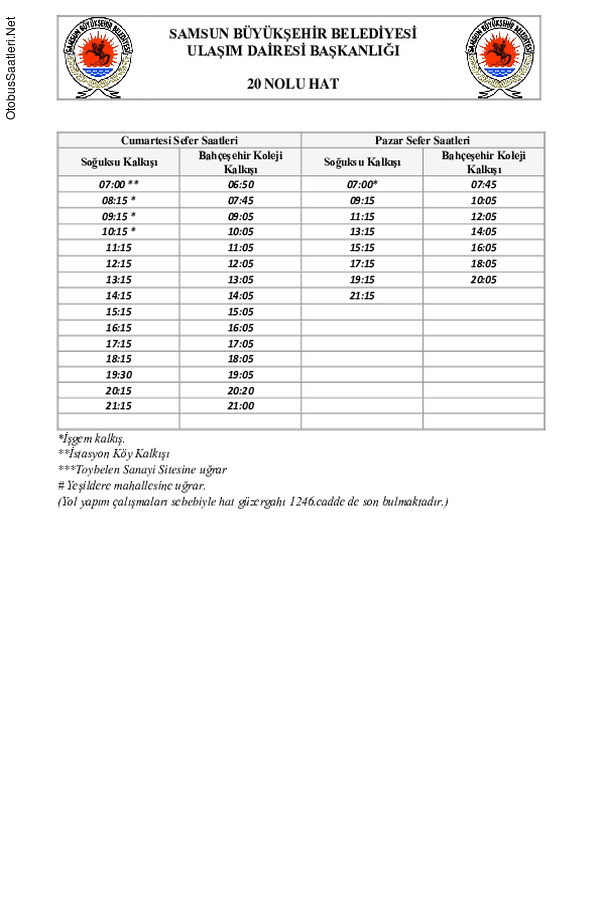20 Samsun Otobüs Saatleri