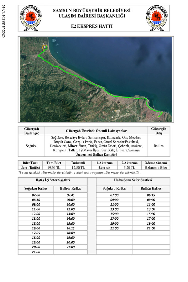 E2 Samsun Otobüs Saatleri